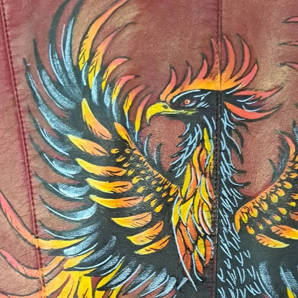 Hand Painted Faux Leather Jacket with Phoenix Art Size Large - Picture 4 of 17
